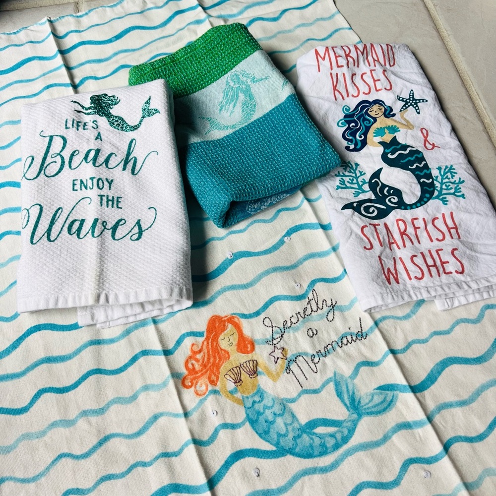 Mermaid-Themed Kitchen Towel Set with Green and Blue Accents